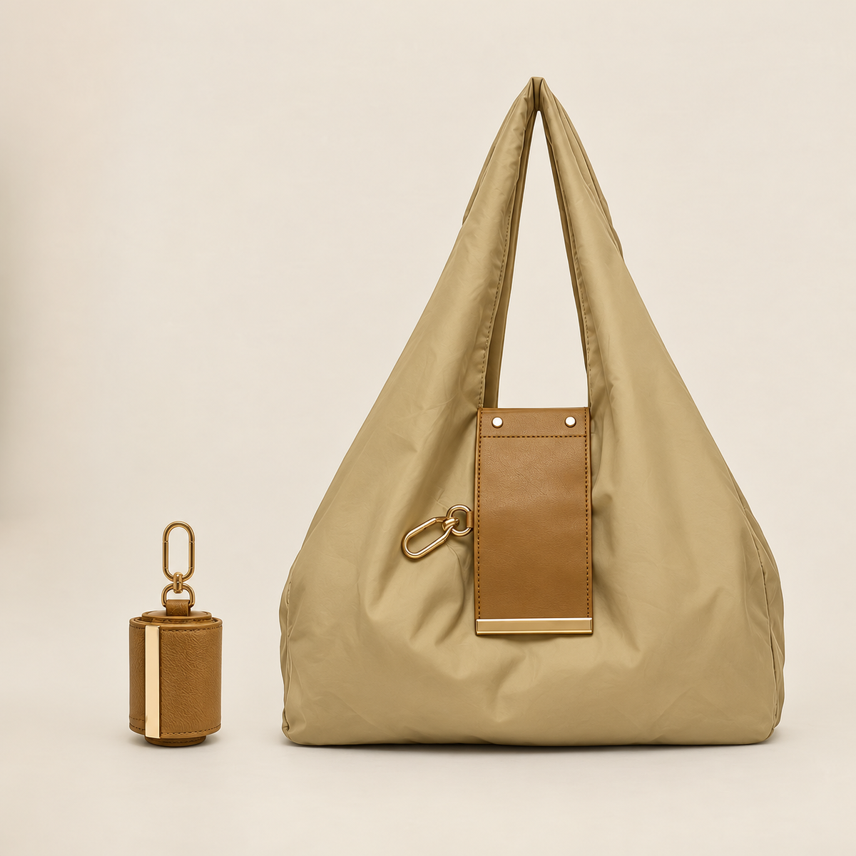 Foldable Vegan Leather Tote Bag with Keychain Charm Pouch