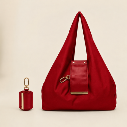 Foldable Vegan Leather Tote Bag with Keychain Charm Pouch