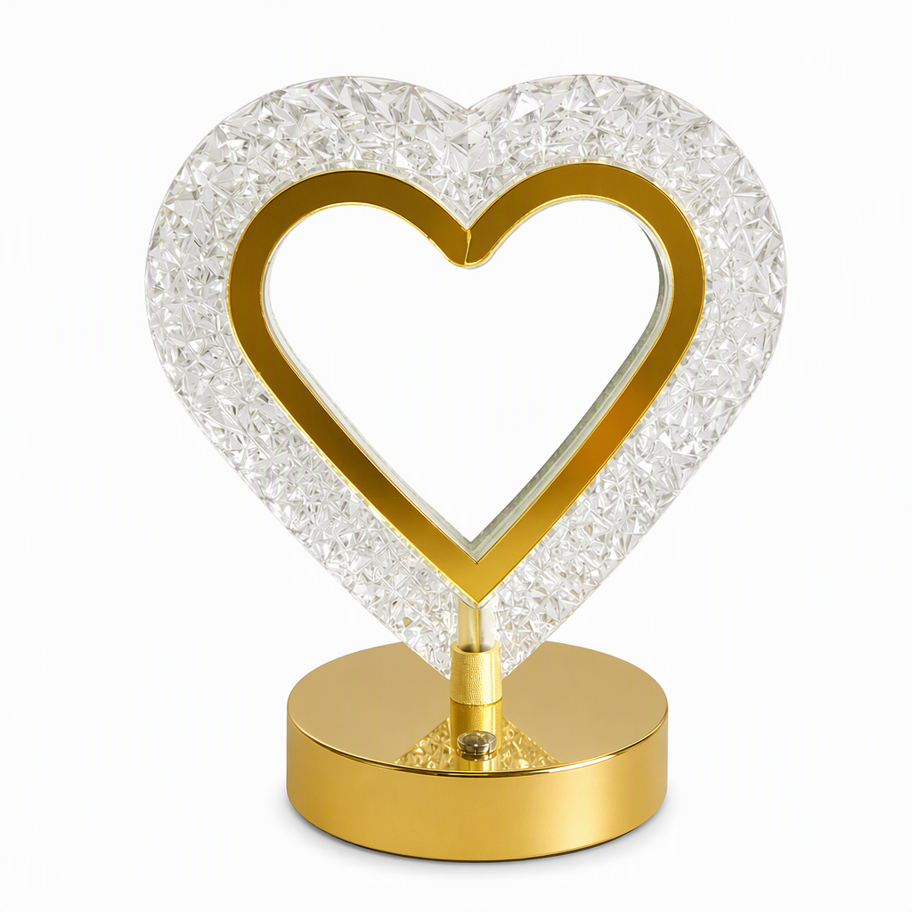Heart-shaped crystal-look touch lamp with gold-tone base