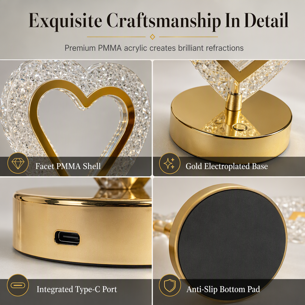 Heart-Shaped Crystal Touch Bedside Lamp, Rechargeable LED Atmosphere Night Light