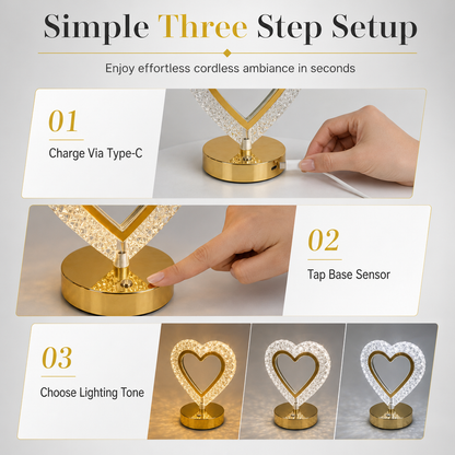 Heart-Shaped Crystal Touch Bedside Lamp, Rechargeable LED Atmosphere Night Light