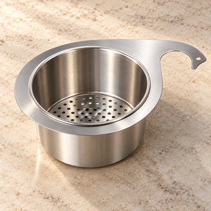 Stainless steel kitchen sink strainer basket with swan-shaped side tab