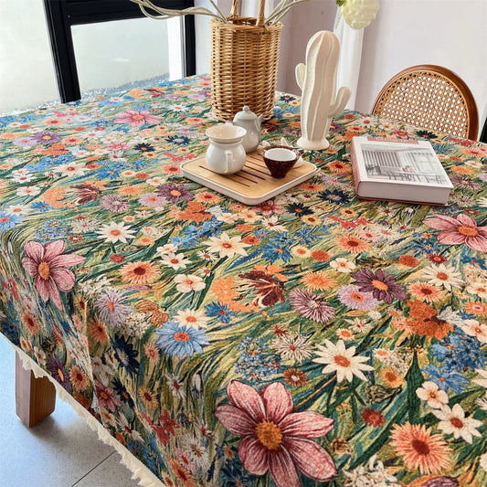 HomeTaro Vintage Floral Jacquard Tablecloth with Tassels